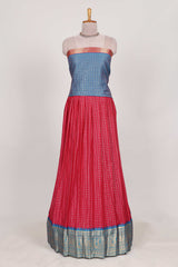 Rani pink and Blue Chettinad Art Cotton Half Saree with Gold Zari Checks And Buttas Traditional Border and Elegant Woven Detailing Shawl