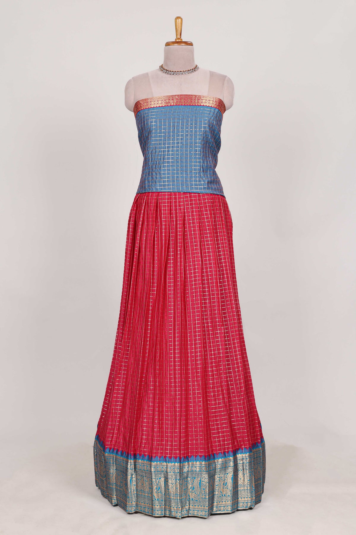 Rani pink and Blue Chettinad Art Cotton Half Saree with Gold Zari Checks And Buttas Traditional Border and Elegant Woven Detailing Shawl