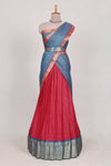 Rani pink and Blue Chettinad Art Cotton Half Saree with Gold Zari Checks And Buttas Traditional Border and Elegant Woven Detailing Shawl