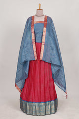 Rani pink and Blue Chettinad Art Cotton Half Saree with Gold Zari Checks And Buttas Traditional Border and Elegant Woven Detailing Shawl