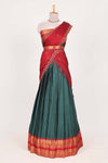 Dark Green and Red Cotton Half Saree with Gold Zari Border Traditional Embroidery and Elegant Tassel Detailing