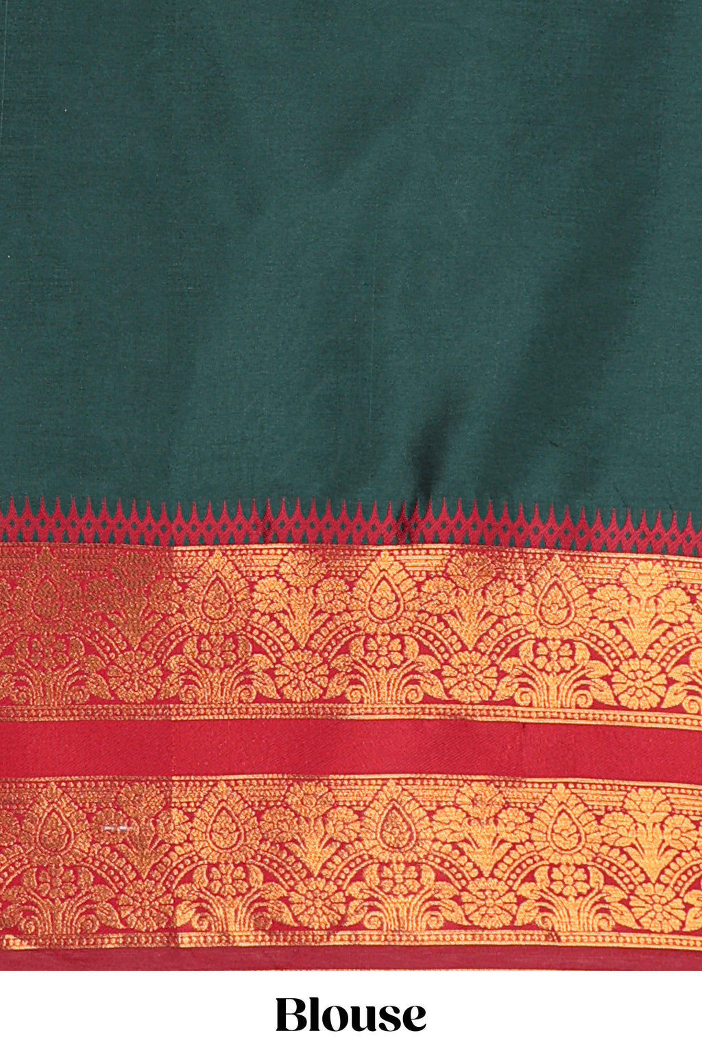 Dark Green and Red Cotton Half Saree with Gold Zari Border Traditional Embroidery and Elegant Tassel Detailing