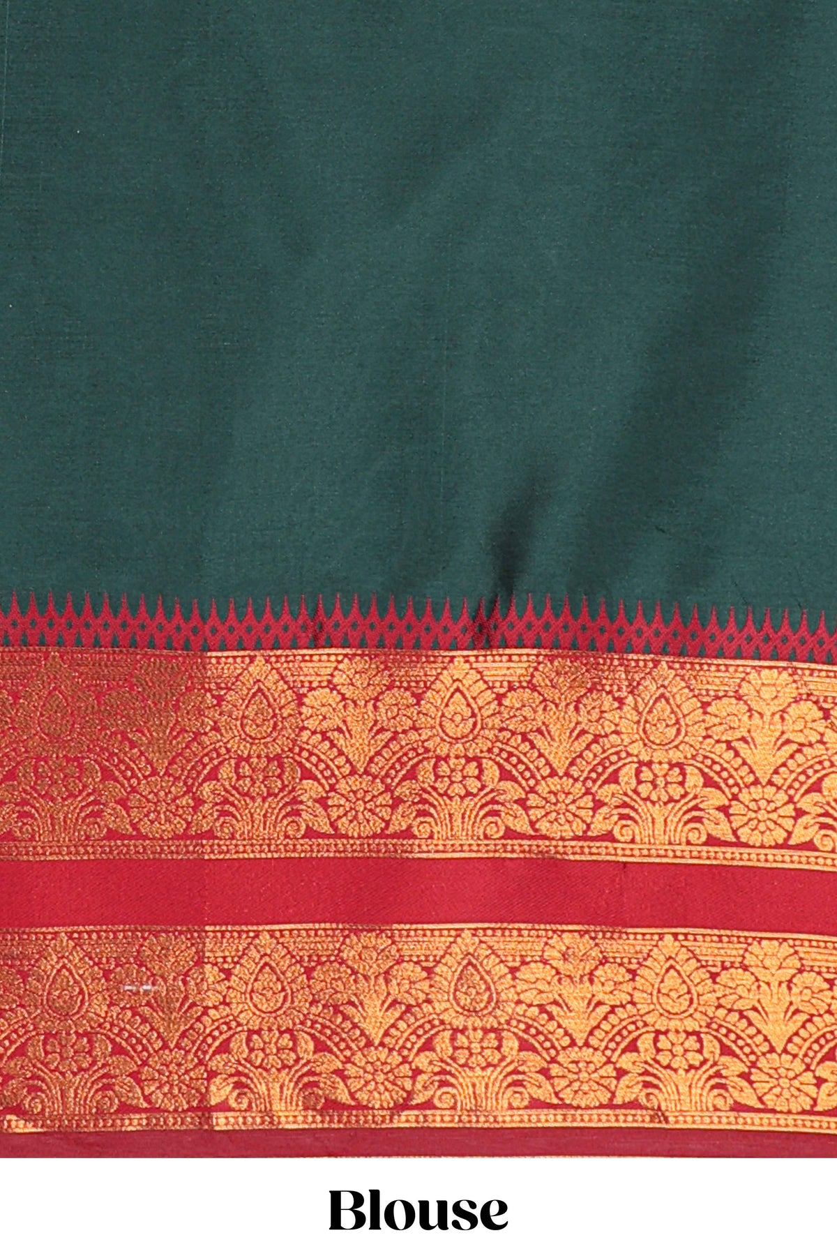 Dark Green and Red Cotton Half Saree with Gold Zari Border Traditional Embroidery and Elegant Tassel Detailing