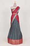 Grey and Rani pink Chettinad Art Cotton Half Saree with Gold Zari Checks And Traditional Border and Elegant Woven Detailing Shawl