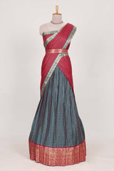 Grey and Rani pink Chettinad Art Cotton Half Saree with Gold Zari Checks And Traditional Border and Elegant Woven Detailing Shawl