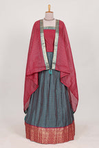 Grey and Rani pink Chettinad Art Cotton Half Saree with Gold Zari Checks And Traditional Border and Elegant Woven Detailing Shawl