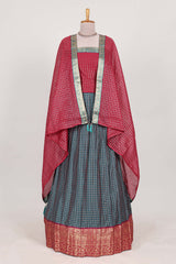 Grey and Rani pink Chettinad Art Cotton Half Saree with Gold Zari Checks And Traditional Border and Elegant Woven Detailing Shawl