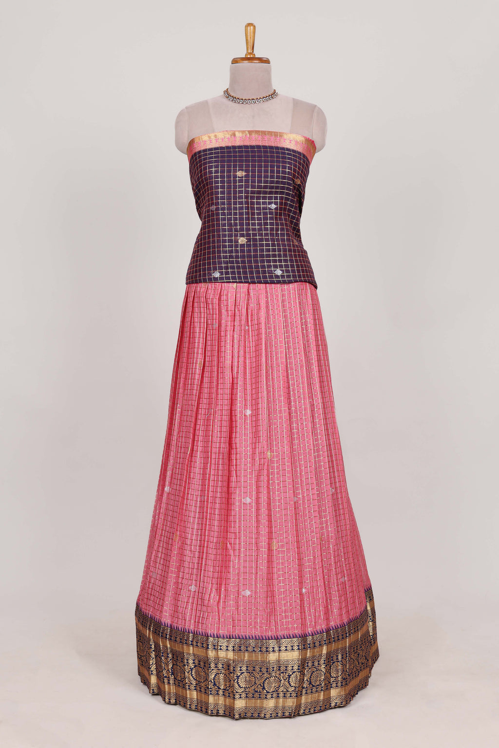 Violet and pink Chettinad Art Cotton Half Saree with Gold Zari Checks And Buttas Traditional Border and Elegant Woven Detailing Shawl