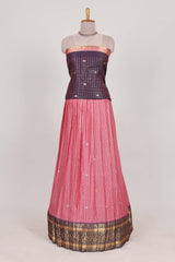 Violet and pink Chettinad Art Cotton Half Saree with Gold Zari Checks And Buttas Traditional Border and Elegant Woven Detailing Shawl