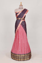 Violet and pink Chettinad Art Cotton Half Saree with Gold Zari Checks And Buttas Traditional Border and Elegant Woven Detailing Shawl
