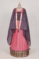 Violet and pink Chettinad Art Cotton Half Saree with Gold Zari Checks And Buttas Traditional Border and Elegant Woven Detailing Shawl