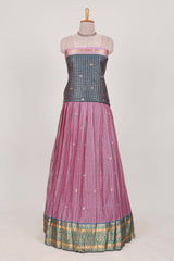 Grey and purple Chettinad Art Cotton Half Saree with Gold Zari Checks And Buttas Traditional Border and Elegant Woven Detailing Shawl