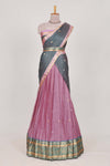Grey and purple Chettinad Art Cotton Half Saree with Gold Zari Checks And Buttas Traditional Border and Elegant Woven Detailing Shawl