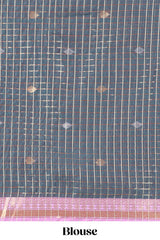 Grey and purple Chettinad Art Cotton Half Saree with Gold Zari Checks And Buttas Traditional Border and Elegant Woven Detailing Shawl