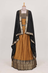 Antique Gold Cotton Half Saree with Gold Zari Border Traditional Embroidery and Elegant Tassel Detailing