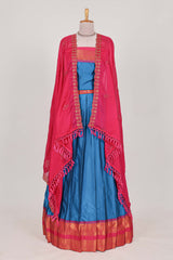 Blue Cotton Half Saree with Gold Zari Border Traditional Embroidery and Elegant Tassel Detailing
