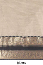 Beige and Black Cotton Half Saree with Gold Zari Border Traditional Embroidery and Elegant Detailing
