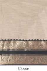 Beige and Black Cotton Half Saree with Gold Zari Border Traditional Embroidery and Elegant Tassel Detailing