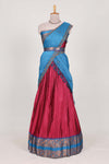 Rose with Blue Cotton Half Saree with Copper Zari Border Traditional Embroidery and Elegant Tassel Detailing