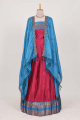 Rose with Blue Cotton Half Saree with Copper Zari Border Traditional Embroidery and Elegant Tassel Detailing