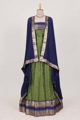 Green Blue Cotton Half Saree with Gold Zari Border Traditional Embroidery and Elegant Tassel Detailing