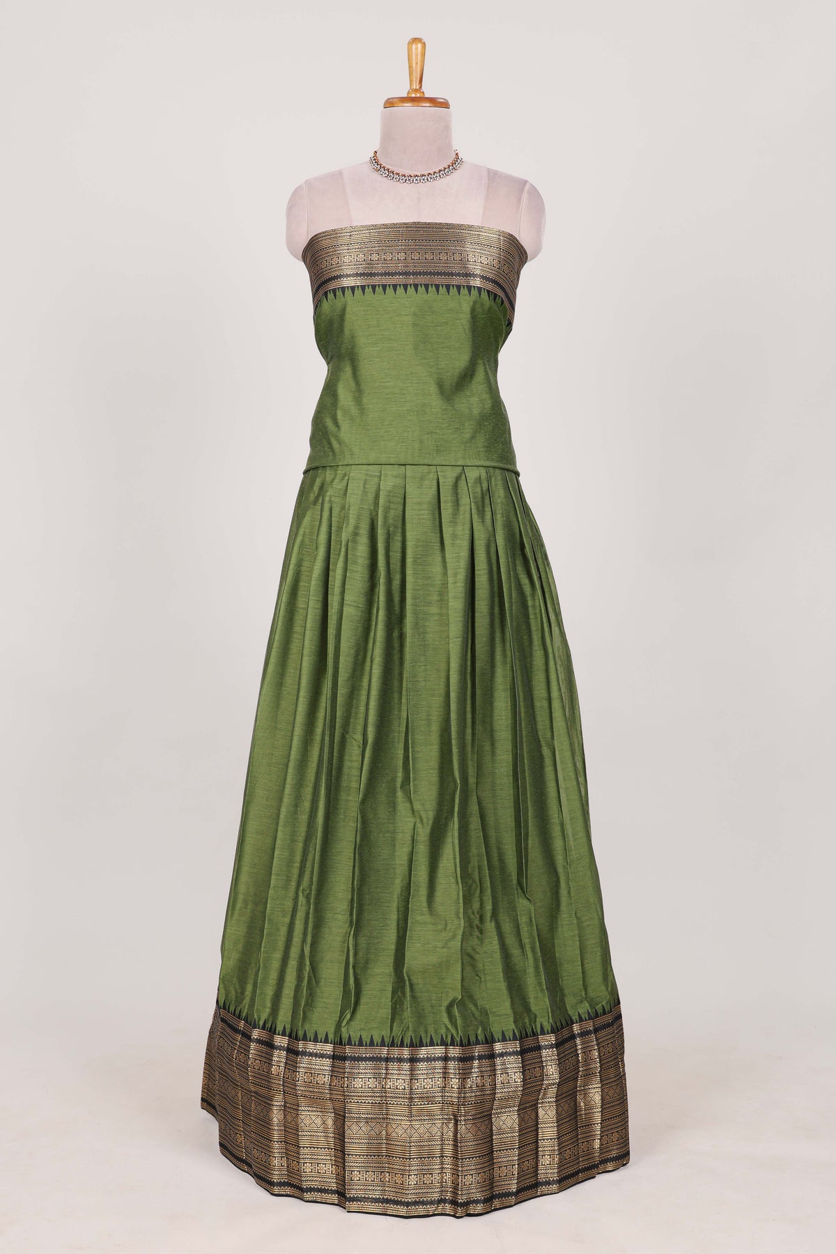Green with Black Cotton Half Saree with Gold Zari Border Traditional Embroidery and Elegant  Detailing
