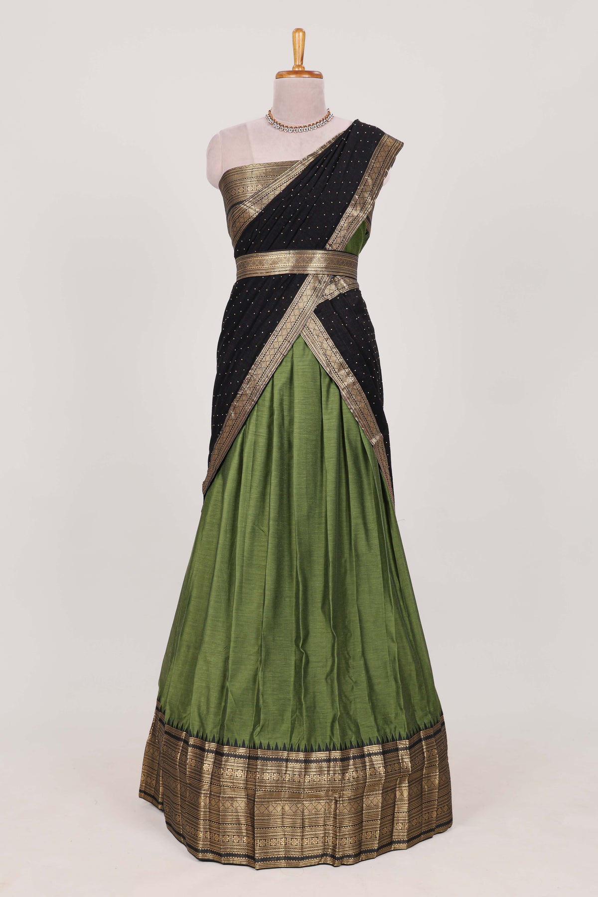 Green with Black Cotton Half Saree with Gold Zari Border Traditional Embroidery and Elegant  Detailing