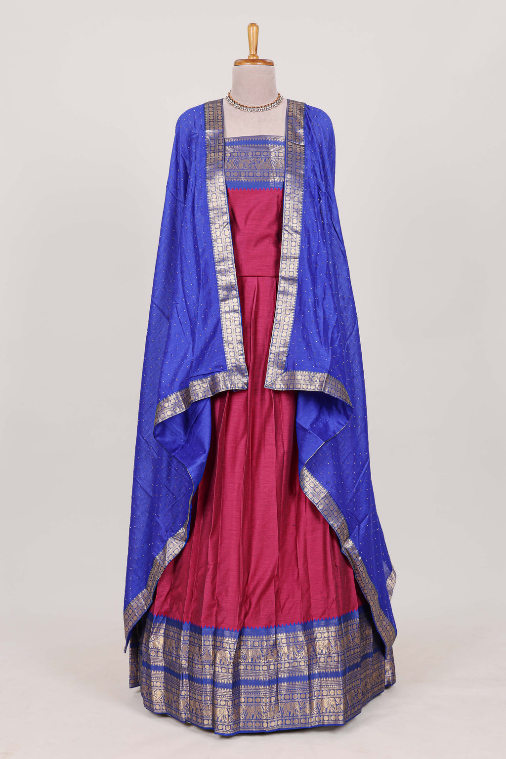 Magenta Cotton Half Saree with Gold Zari Border Traditional Embroidery and Elegant  Detailing