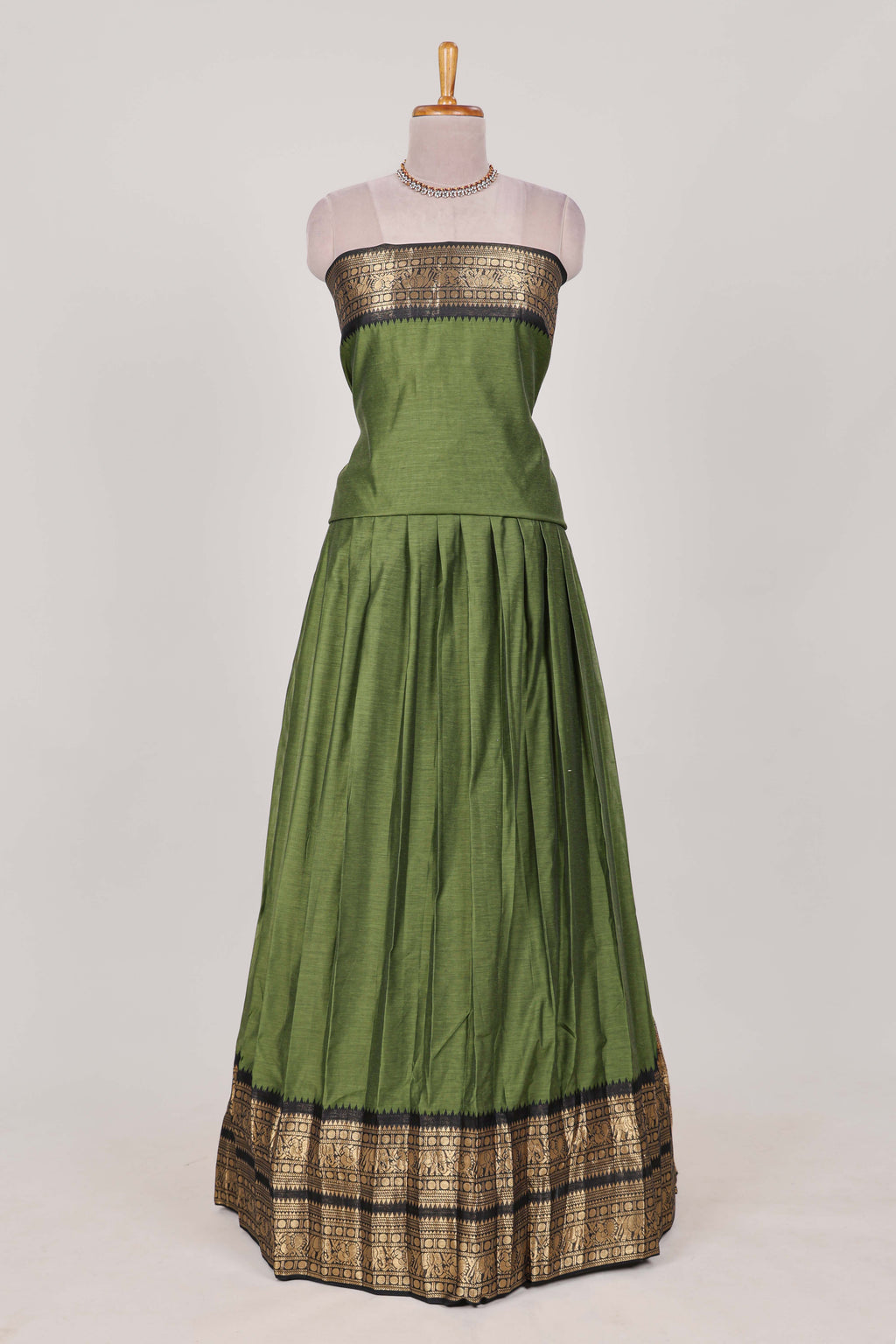 Green Cotton Half Saree with Gold Zari Border Traditional Embroidery and Elegant Detailing