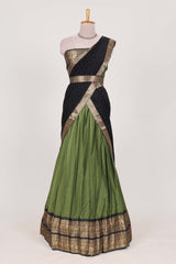 Green Cotton Half Saree with Gold Zari Border Traditional Embroidery and Elegant Tassel Detailing