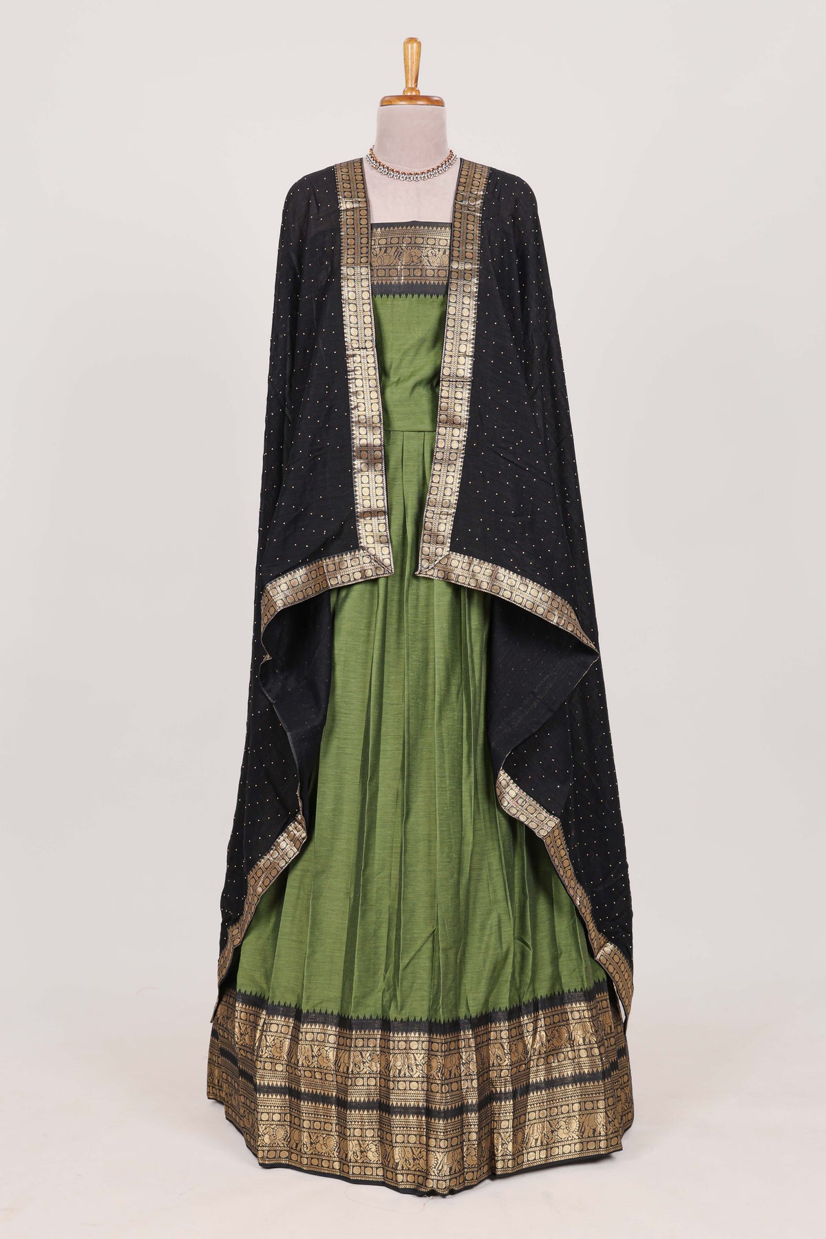 Green Cotton Half Saree with Gold Zari Border Traditional Embroidery and Elegant Detailing