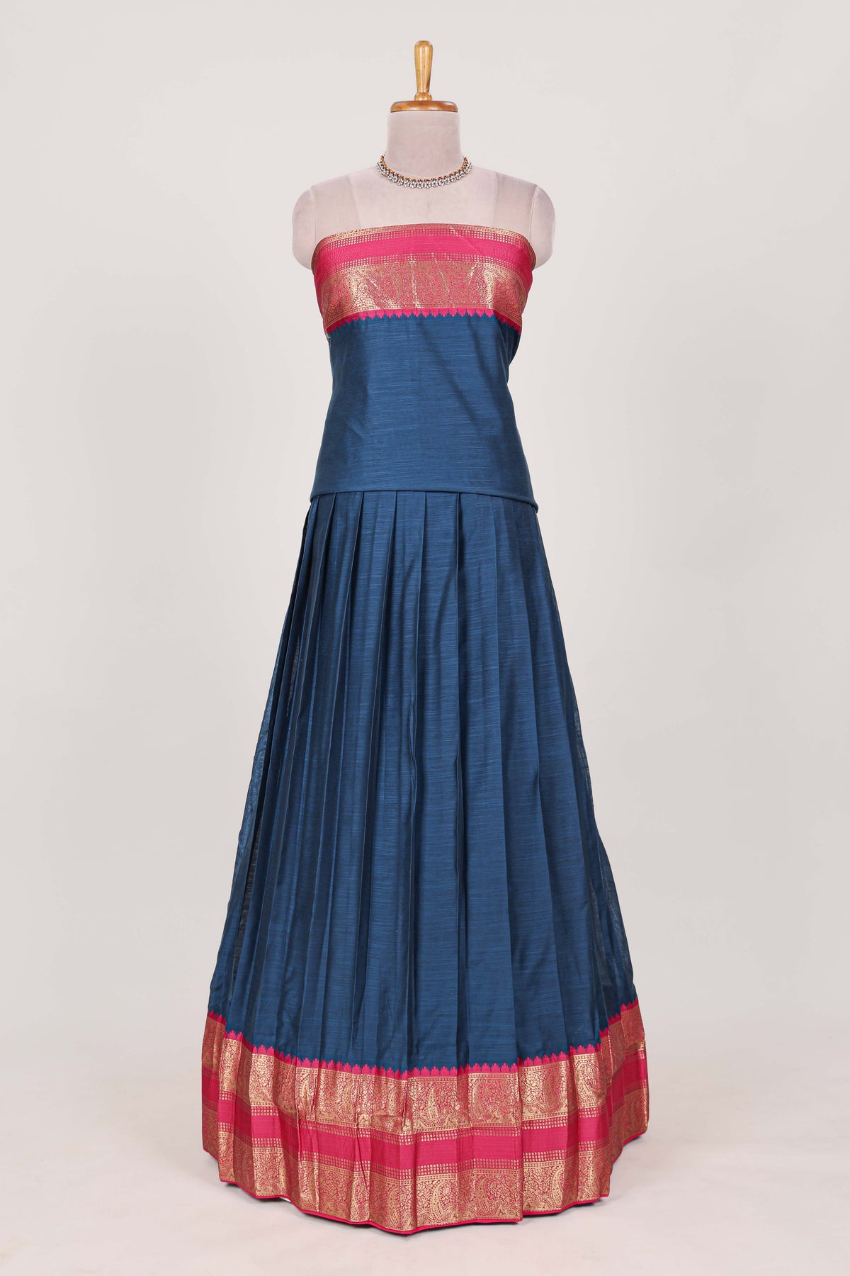 Royal blue Cotton Half Saree with Gold Zari Border Traditional Embroidery and Elegant Detailing