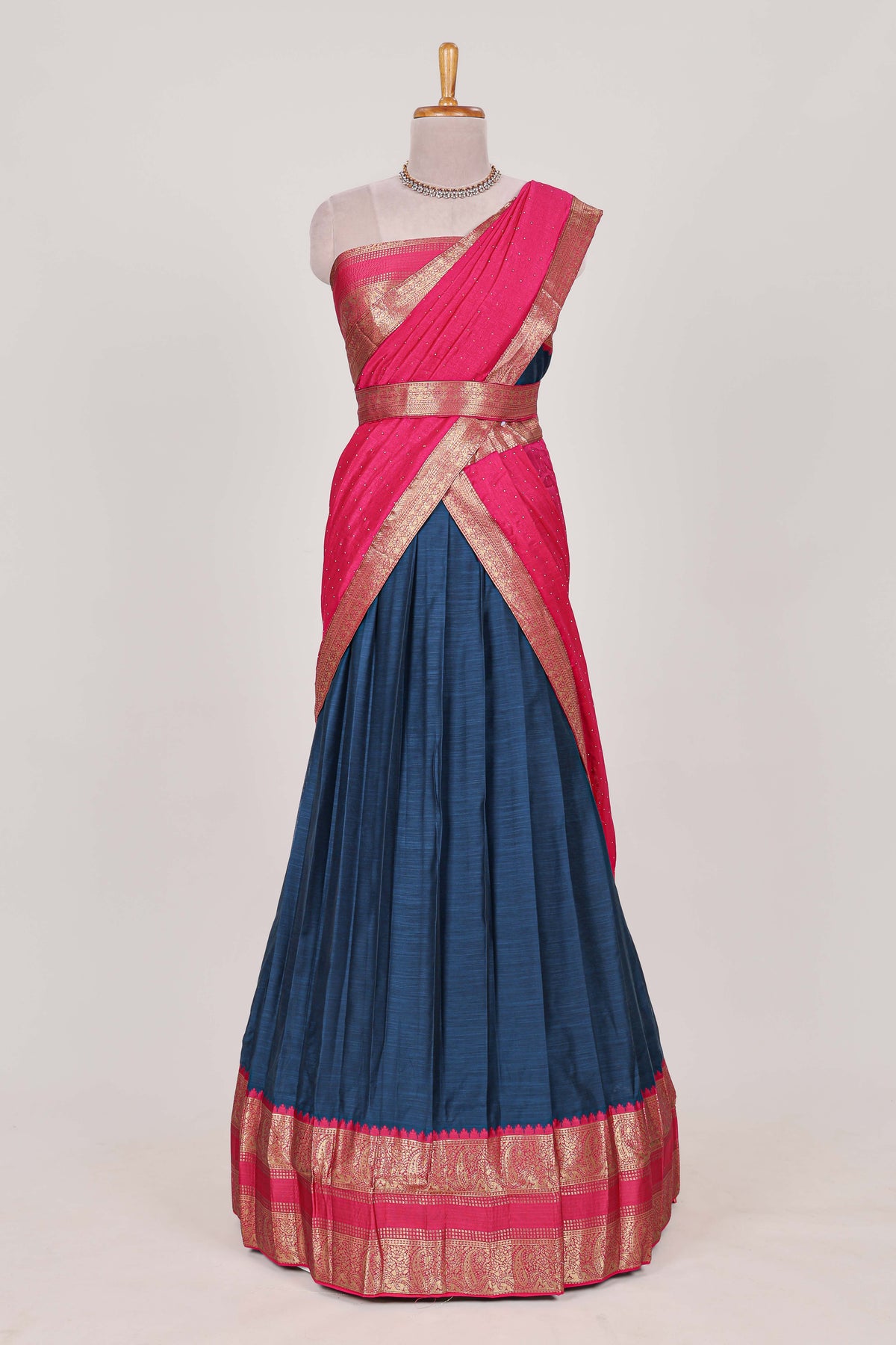 Royal blue Cotton Half Saree with Gold Zari Border Traditional Embroidery and Elegant Detailing