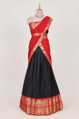 Black Cotton Half Saree with Gold Zari Border Traditional Embroidery and Elegant Tassel Detailing