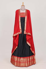 Black Cotton Half Saree with Gold Zari Border Traditional Embroidery and Elegant Tassel Detailing