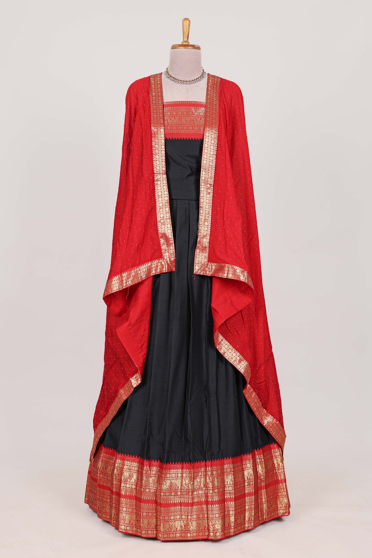 Black Cotton Half Saree with Gold Zari Border Traditional Embroidery and Elegant  Detailing