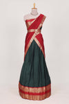 Dark Green Cotton Half Saree with Gold Zari Border Traditional Embroidery and Elegant Tassel Detailing
