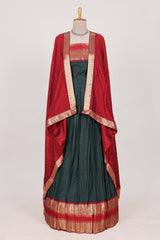 Dark Green Cotton Half Saree with Gold Zari Border Traditional Embroidery and Elegant Tassel Detailing