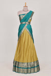 Golden Green Cotton Half Saree with Gold Zari Border Traditional Embroidery and Elegant Tassel Detailing