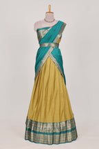 Golden Green Cotton Half Saree with Gold Zari Border Traditional Embroidery and Elegant  Detailing