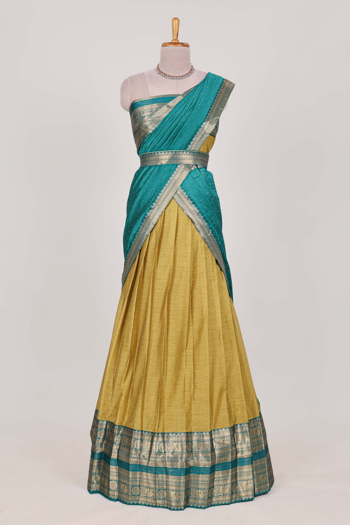 Golden Green Cotton Half Saree with Gold Zari Border Traditional Embroidery and Elegant  Detailing