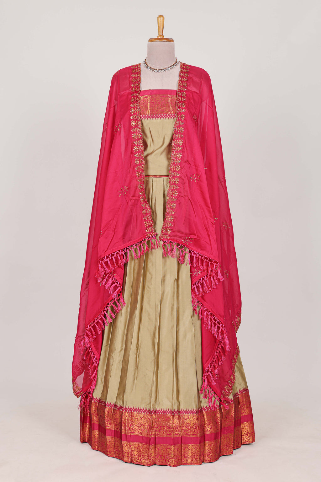 Sandle Cotton Half Saree with Gold Zari Border Traditional Embroidery and Elegant Tassel Detailing