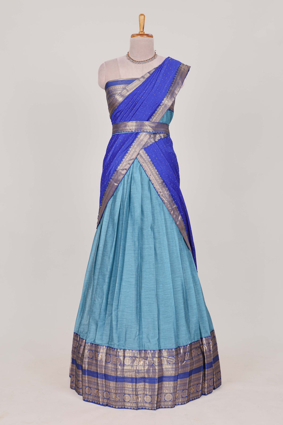 Sky blue Cotton Half Saree with Gold Zari Border Traditional Embroidery and Elegant  Detailing