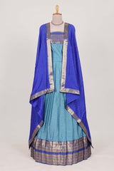 Sky blue Cotton Half Saree with Gold Zari Border Traditional Embroidery and Elegant Tassel Detailing