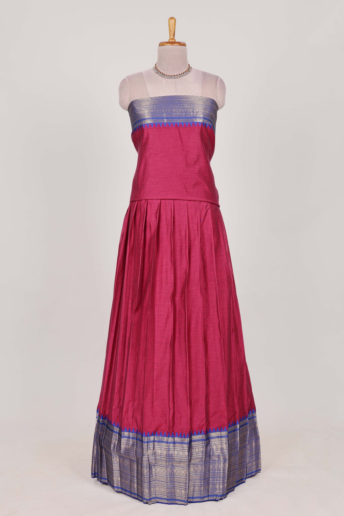 Rani pink and blue Cotton Half Saree with Gold Zari Border Traditional Embroidery and Elegant Detailing