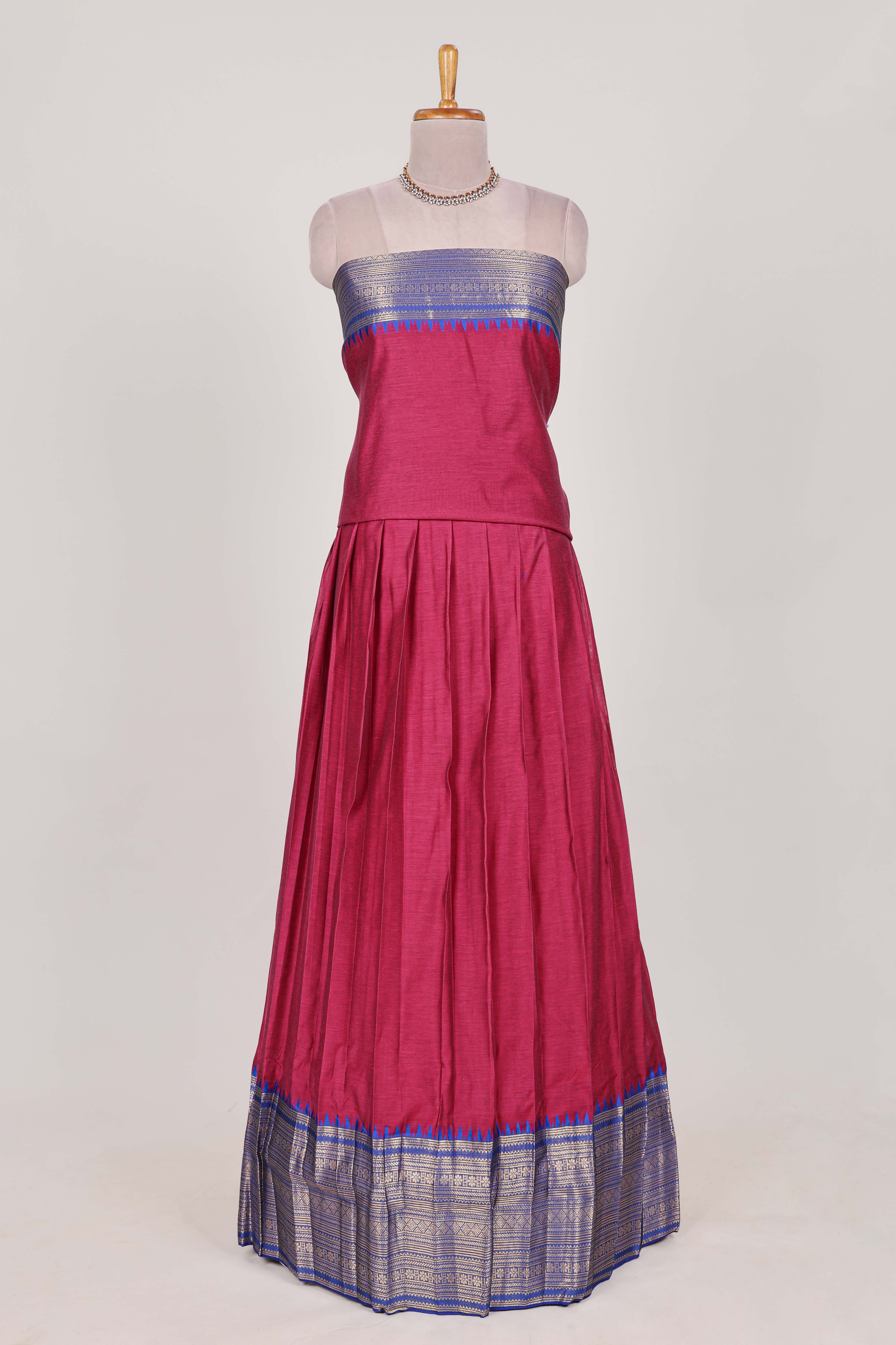 Rani pink and blue Cotton Half Saree with Gold Zari Border Traditional Embroidery and Elegant Detailing