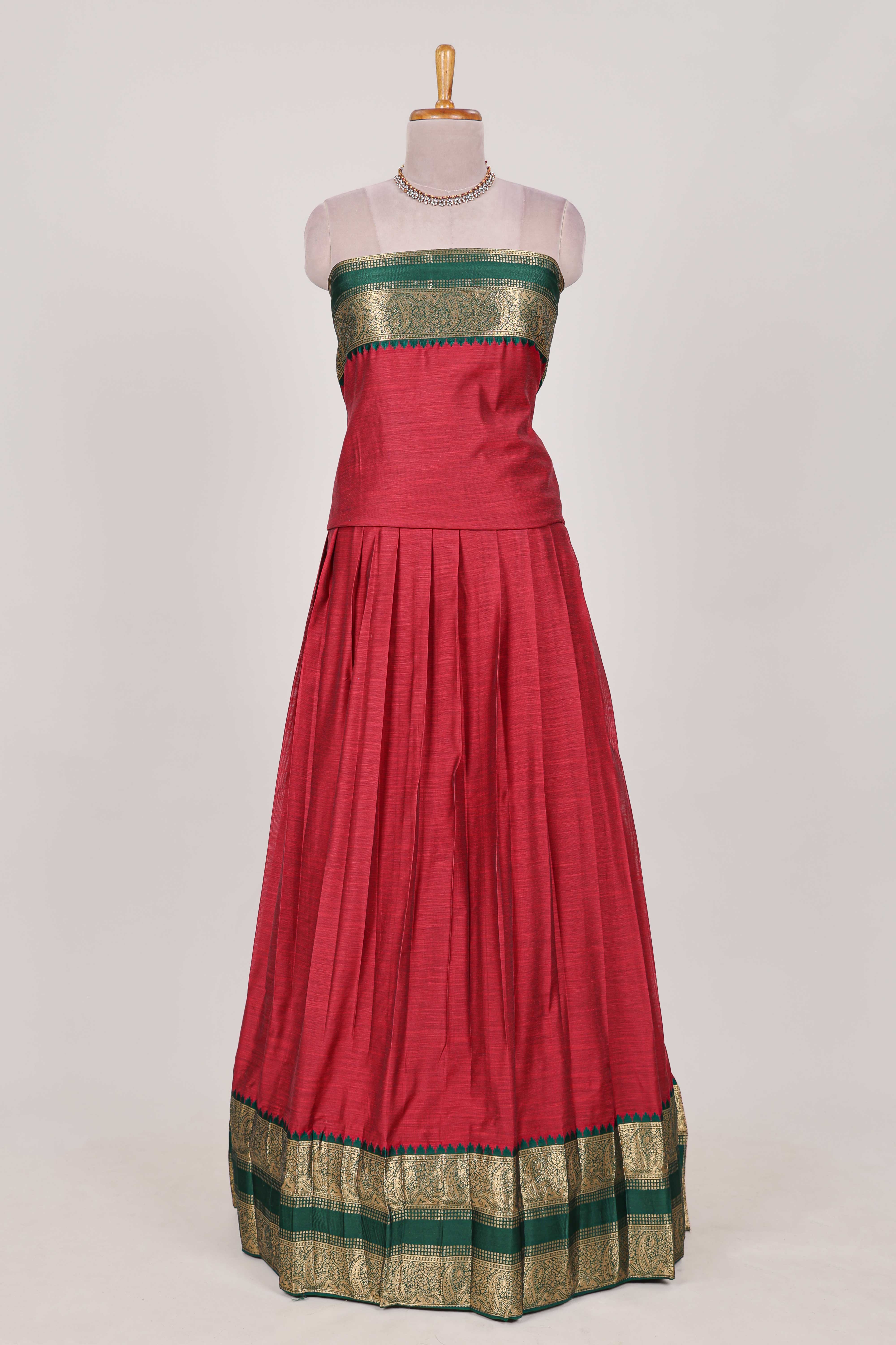 Green and Red Cotton Half Saree with Gold Zari Border Traditional Embroidery and ElegantDetailing