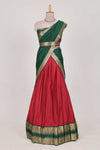Green and Red Cotton Half Saree with Gold Zari Border Traditional Embroidery and ElegantDetailing