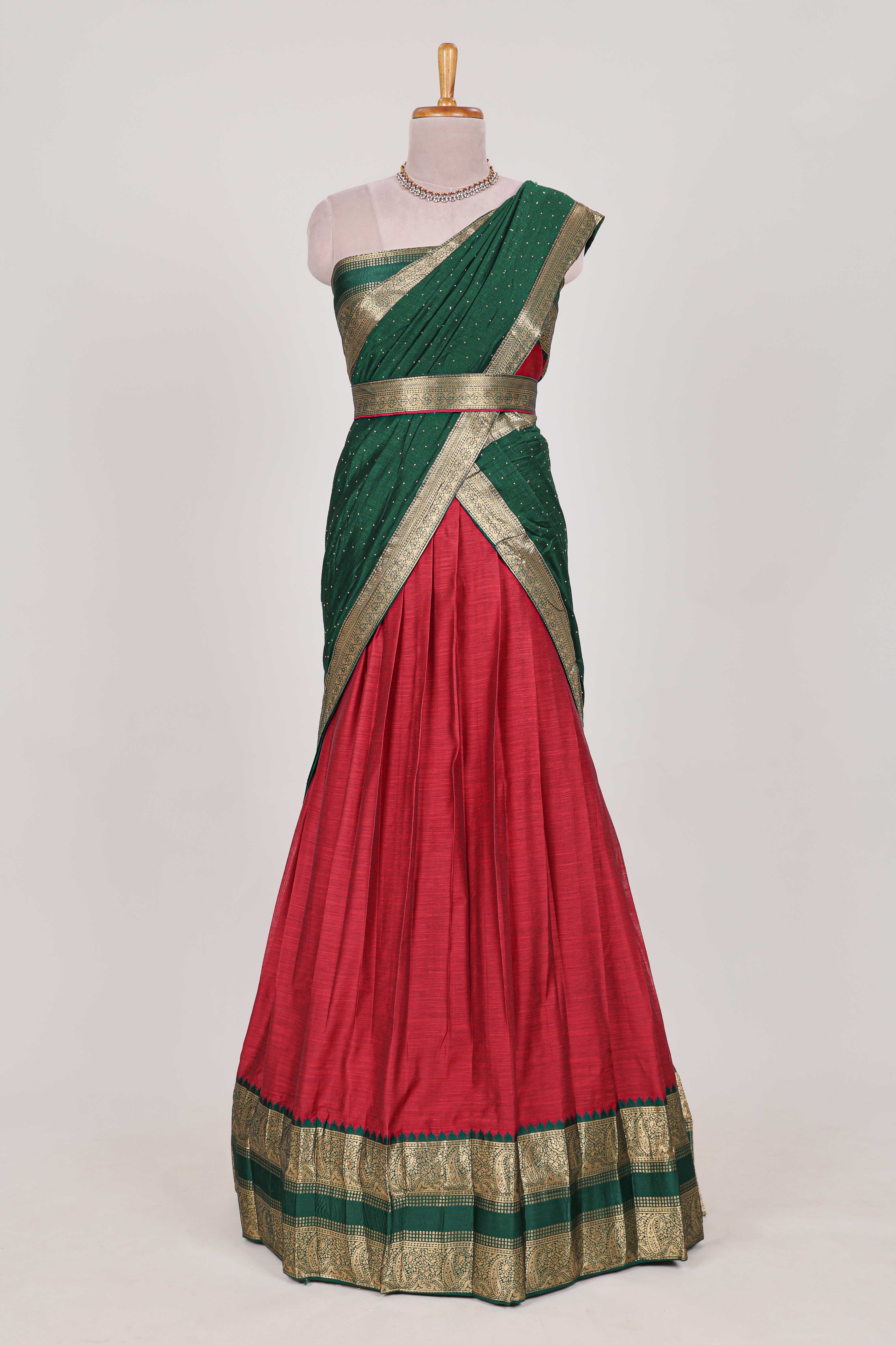 Green and Red Cotton Half Saree with Gold Zari Border Traditional Embroidery and ElegantDetailing