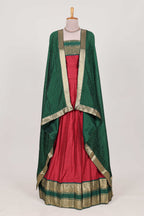 Green and Red Cotton Half Saree with Gold Zari Border Traditional Embroidery and Elegant  Detailing